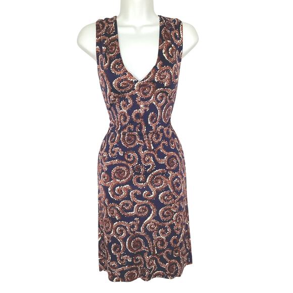 Tory Burch Rust Navy Print Silk Jersey Sleeveless Fitted Dress Zipper S - Picture 1 of 7
